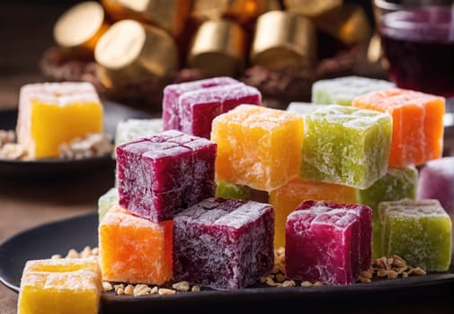 A vibrant display of assorted jelly-like confections is arranged on a decorative plate, showcasing various colors and flavors. In the background, elegant packaging and nuts add to the visual appeal, creating a festive atmosphere that highlights these delightful sweets.