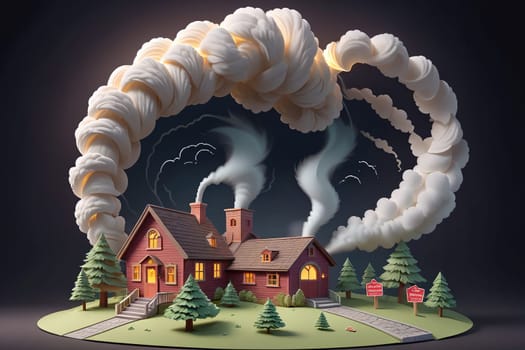 A quaint house sits at the center of a fantastical landscape, surrounded by swirling clouds and vibrant smoke. The scene is illuminated by warm, glowing windows, while trees with lush green foliage provide an enchanting backdrop. The unique atmospheric effects create a magical and whimsical ambiance, drawing the viewer into a dreamlike world.
