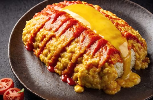 A hearty serving of omelette rice is beautifully plated, featuring a generous layer of fluffy yellow omelette enveloping seasoned rice. Rich ketchup and savory sauce are artfully drizzled on top, creating an inviting dish. Fresh sliced tomatoes accompany the meal, adding a touch of color and freshness.