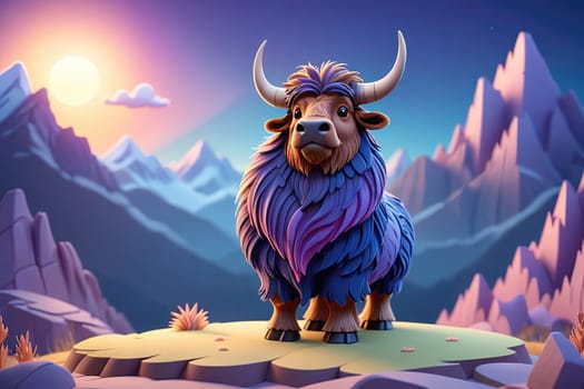 A vibrant blue yak stands majestically on a rocky outcrop, surrounded by towering mountains. The sun rises in the background, illuminating the scene with warm light, highlighting the yak's fluffy fur and the serene landscape. This enchanting moment captures the essence of nature's beauty.