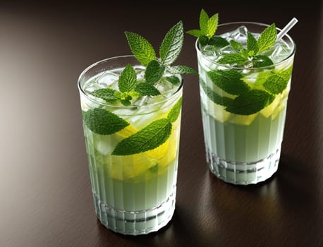 Two refreshing mojito cocktails are presented in clear glasses, filled with ice and garnished with vibrant mint leaves. The bright green of the mint contrasts beautifully with the sparkling drink, inviting enjoyment on a warm day.