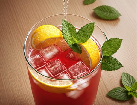 A vibrant drink garnished with fresh mint leaves and orange slices is being prepared. Ice cubes clink in the glass as refreshing liquid is poured, creating enticing bubbles. The warmth of natural light enhances the bright colors, making it an inviting choice for a warm day.
