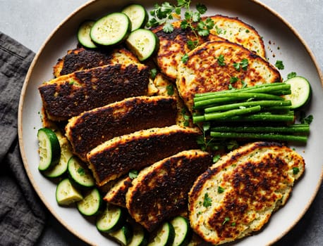A vibrant platter features grilled vegetable cakes arranged with fresh cucumber slices and tender green beans. The vegetable cakes are golden brown with a crispy exterior, highlighting a delightful combination of flavors. Fresh herbs add a touch of color and aroma to the dish, making it visually appealing and appetizing.
