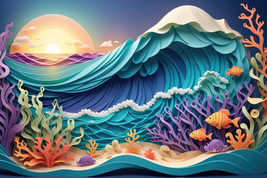 This vibrant creation showcases an intricate underwater landscape, featuring stylized waves, colorful coral formations, and lively fish swimming amidst soft blues and warm sunrise colors. The layered paper art captures the serene beauty of marine life.