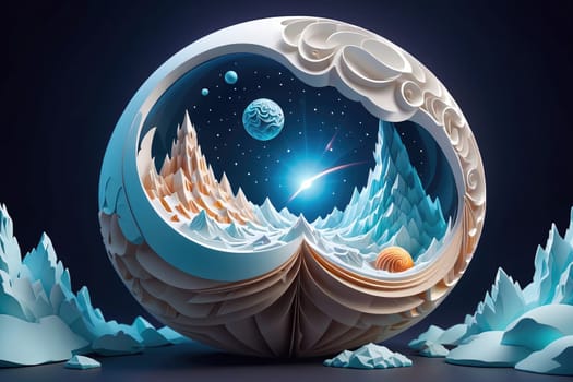 A beautifully crafted circular paper sculpture showcases a mesmerizing cosmic landscape featuring distant planets, sharp mountains, and a glowing star. The scene is intricately detailed, emphasizing the calm yet mysterious atmosphere of outer space. The layers of paper create depth, inviting viewers to explore the imaginative terrain.