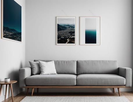 A modern living room features a sleek gray couch positioned against a light-colored wall. Above the couch, two framed artworks provide a striking contrast. The space is well-lit, showcasing a clean, minimalistic aesthetic. A small wooden side table complements the furniture arrangement, creating a cozy atmosphere perfect for relaxation.