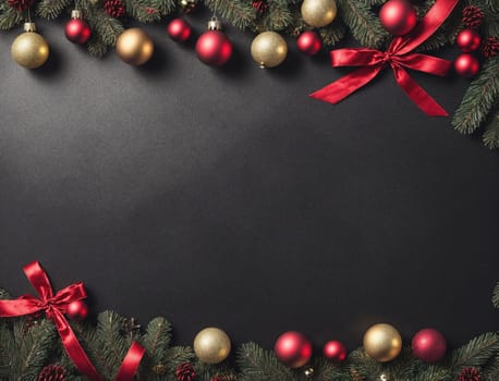 A beautiful arrangement features vibrant red and gold Christmas ornaments set against a rich dark background. The scene is enhanced with green pine branches and decorative ribbons, creating a festive atmosphere perfect for holiday celebrations.