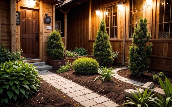 A beautifully landscaped pathway guides visitors to a rustic wooden entrance, illuminated by warm lights. Lush greenery and well-maintained shrubs frame the path, creating an inviting atmosphere during the evening hours.