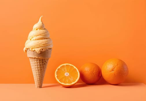 A delightful cone of orange swirl ice cream stands proudly beside two fresh oranges. The bright orange background adds to the overall freshness and appeal of this summer treat, highlighting its inviting color and texture.