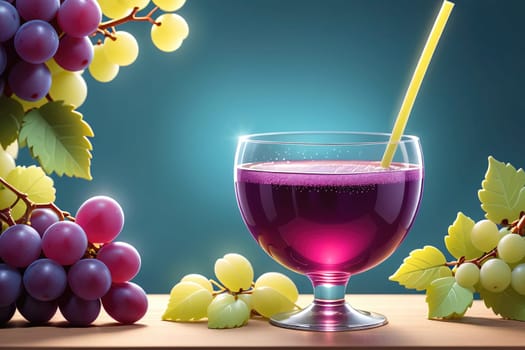 A vibrant purple grape drink sits in a clear glass, adorned with a straw, while fresh green and purple grapes frame the composition. The bright lighting highlights the colors, creating an inviting atmosphere that emphasizes the freshness of the ingredients.