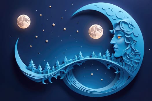 A mystical night unfolds with a large crescent moon and a serene face gazing thoughtfully over a landscape of intricate trees. Two shining moons hang in the deep blue sky, adorned with sparkling stars that illuminate the tranquil scene.