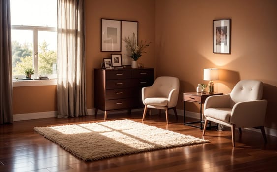 The living room features two comfortable armchairs positioned around a small table, basking in warm afternoon sunlight. A stylish area rug lies on the polished wooden floor, while framed artwork and decorative items adorn the walls and furniture. A serene atmosphere is created by the soft lighting and elegant decor.