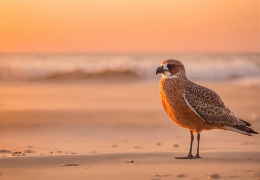 A seagull stands gracefully on the sandy beach as the sun rises on the horizon, casting a warm golden glow over the scene. Gentle waves lap at the shore, and the sky is painted with soft hues of orange and pink, creating a serene and tranquil atmosphere.