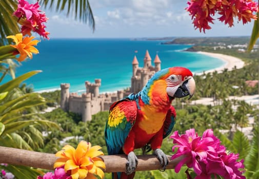 A striking parrot with bright red, blue, and yellow feathers sits on a branch amidst lush, colorful flowers. In the background, a picturesque tropical beach stretches along the coastline, with gentle waves lapping at the shore. The sunlight casts a warm glow over the scene, highlighting the castle-like structure nestled among palm trees.