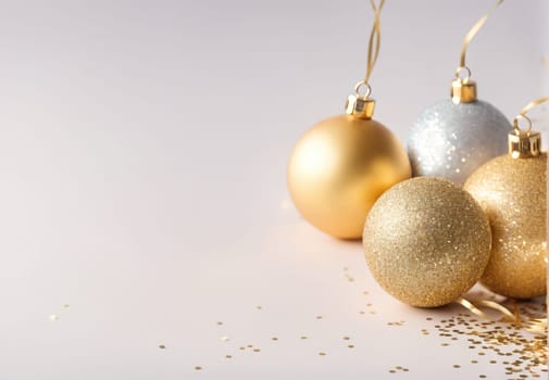 A collection of intricately designed Christmas ornaments rests on a flat surface, showcasing shimmering gold and silver colors. The decorations include glossy and glittery finishes that reflect light beautifully, accompanied by a scattering of festive glitter below.