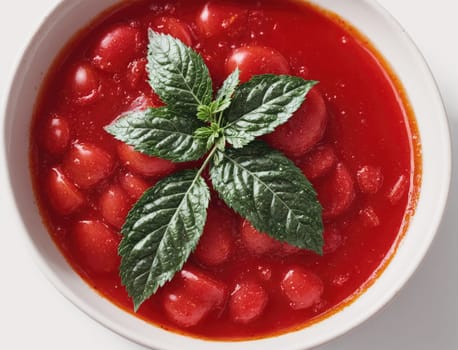 A vibrant bowl of fresh tomato soup showcases its rich red color, with small round tomatoes and a garnish of mint leaves on top. The dish is inviting, suggesting warmth and comfort, perfect for a cool day.