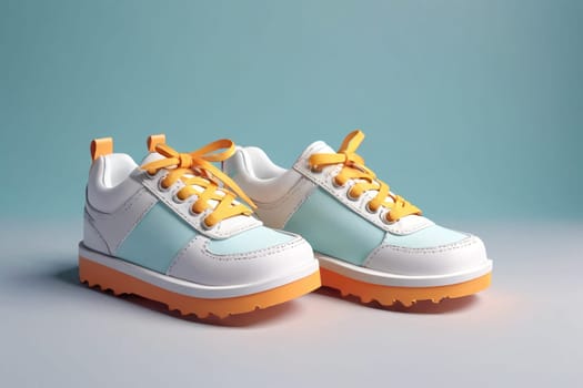 A pair of vibrant sports shoes features a combination of light blue and white materials. The bright orange laces and soles add a playful touch, making them an eye-catching accessory suitable for outdoor activities. These shoes are showcased on a smooth surface with a soft, light blue backdrop, emphasizing their design.