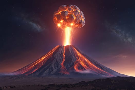 A volcano erupts powerfully, sending streams of lava and debris high into the night sky. Bright flames illuminate the surrounding landscape as ash clouds billow outward, creating a stunning and formidable natural display.
