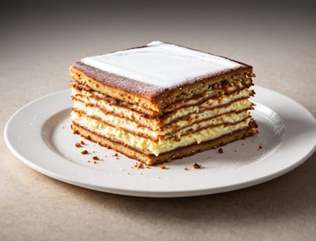 A beautifully constructed layered cake rests on a white plate, showcasing its alternating layers of rich cake and creamy filling. The dessert is garnished with a dusting of powdered sugar, inviting anyone nearby to indulge in its sweet flavors.