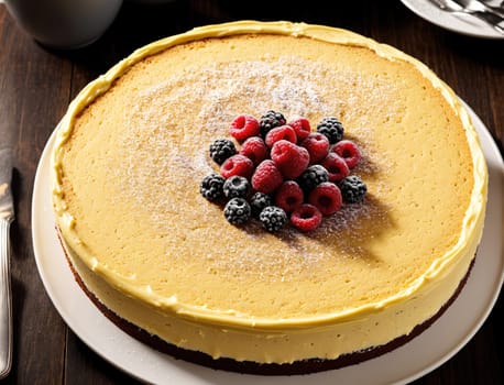 A beautifully crafted cheesecake rests on a white plate, topped with a vibrant assortment of fresh raspberries and blackberries. The cake's smooth, creamy texture contrasts with the tartness of the berries, creating an inviting dessert. A sprinkle of powdered sugar adds a touch of elegance to this delightful presentation.