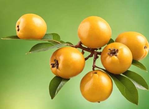 A branch adorned with clusters of ripe yellow loquats showcases their glossy skin against a softly blurred green backdrop. The bright fruit is distinctly plump, revealing the richness of nature as they bask in natural light.