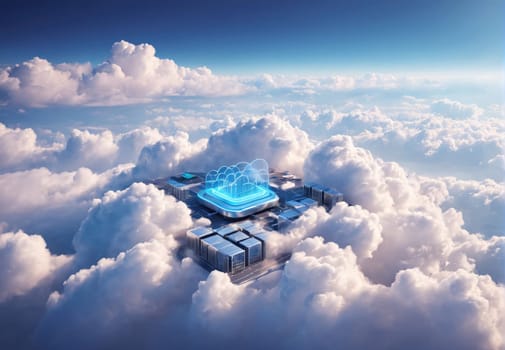 A futuristic cloud computing facility is positioned above a sea of fluffy white clouds, illuminated by a bright blue sky. The structure features modern designs and glowing elements that signify advanced technology.