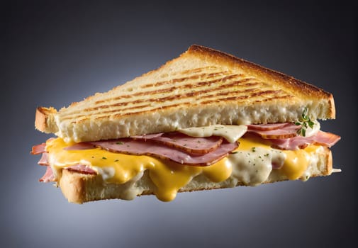 A scrumptious grilled ham and cheese sandwich is presented on a plate, showcasing layers of melted cheese and savory ham. The golden, toasted bread adds a delightful crunch. The lighting enhances the warm, appetizing colors of the meal, creating an inviting atmosphere.