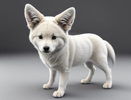 A small white dog stands confidently on a smooth surface, showcasing its fluffy coat and alert ears. Its bright eyes exude a playful demeanor, inviting interaction. The dog's tail is slightly raised, indicating its curious nature, and the background is a neutral gray, emphasizing its features.