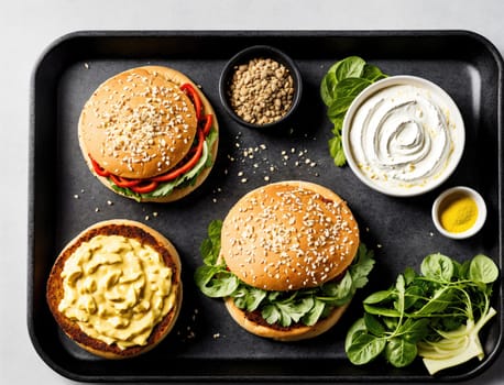 A platter displays three vibrant plant-based burgers topped with fresh vegetables and optional sauces, showcasing a health-conscious meal. Surrounding the burgers are bowls filled with lentils, yogurt, and mustard, emphasizing the wholesome ingredients featured.