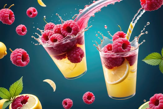 Two transparent cups filled with vibrant lemonade showcase splashes of raspberries and lemon slices. The backdrop features a lively mix of fruits, creating an energetic and refreshing atmosphere, perfect for a summer drink.