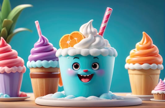 A playful assortment of animated ice cream creations sits on a table, featuring a blue cup with a cheerful face, topped with orange slices and whipped cream. Surrounding the main cup are vibrant cones in various colors, showcasing swirls of soft-serve ice cream that add to the joyful atmosphere.