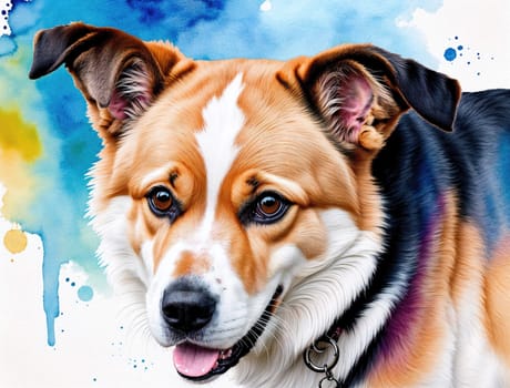 A cheerful dog with a fluffy coat and bright eyes is portrayed in a captivating artistic style. The background features a blend of vibrant colors, creating a lively atmosphere that enhances the dog's engaging expression. The artwork captures the essence of canine companionship and joy.