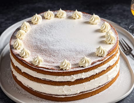 A beautifully crafted three-layer cake is presented on a white platter, featuring smooth layers of cream between moist cake. The top is elegantly decorated with delicate swirls of frosting and a dusting of powdered sugar, creating an inviting dessert.
