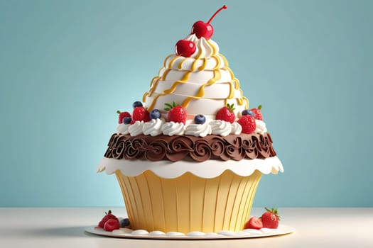 A visually striking giant cupcake stands prominently with a swirled peak of whipped cream, adorned with fresh raspberries and blueberries. The rich chocolate frosting at the base complements the vibrant colors, creating an inviting dessert perfect for any festive gathering.