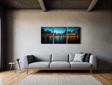 A contemporary living room showcases a stylish grey couch adorned with plush pillows, positioned against a smooth concrete wall. Three-piece artwork depicting a vibrant city skyline glows against the deep blue twilight sky, reflecting beautifully on the water below. Natural light filters through a nearby window, enhancing the serene atmosphere.
