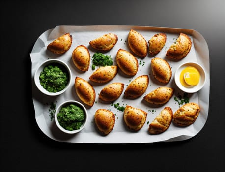 A beautifully arranged platter features golden brown empanadas alongside small bowls of vibrant green sauce and a bright yellow egg yolk. The empanadas are perfectly baked, displaying a crispy exterior and inviting shape. Fresh herbs add a pop of color to the presentation, making this dish enticing for any gathering or meal.