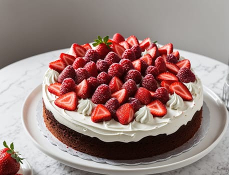 A vibrant red velvet cake sits invitingly on a marble table, adorned with a generous layer of whipped cream and a beautiful arrangement of fresh strawberries and raspberries. The combination of colors and textures makes the dessert look irresistible, perfect for any celebration.