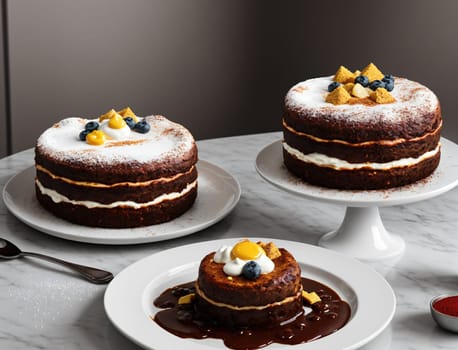 A beautiful assortment of layer cakes features rich chocolate frosting and decorative toppings, all elegantly arranged on a marble tabletop. The cakes showcase a variety of textures and colors, inviting guests to indulge in the sweet treats.