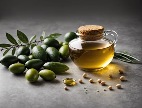 A glass container filled with golden olive oil sits beside a cluster of fresh green olives, showcasing their natural sheen. Sunlight illuminates this arrangement, highlighting the texture of the olives and the smooth surface of the oil. A few olive seeds and leaves add to the rustic presentation, creating an inviting culinary aesthetic.