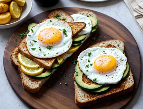 Two slices of toasted bread are topped with fresh avocado and lemon slices, each featuring a sunny-side-up egg. The dish is garnished with parsley and served on a wooden cutting board, creating a vibrant morning meal.