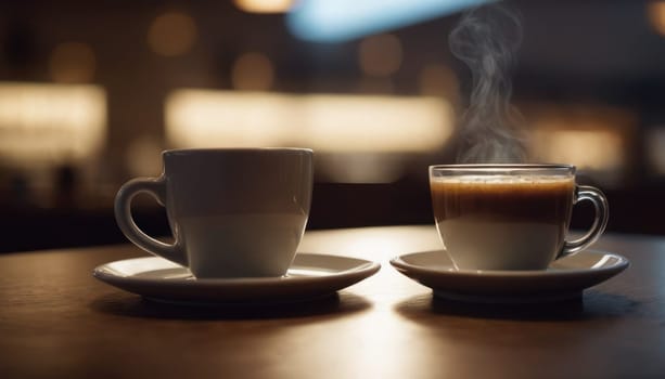 Cafe hot cup of coffee on a saucer on a dark background, casting a thin shadow. Bokeh in the background