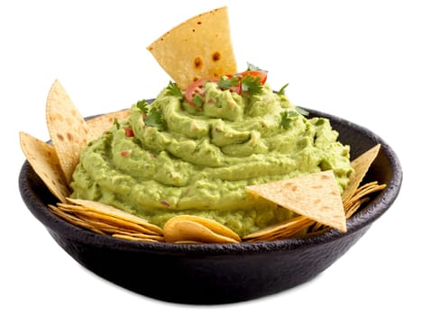 Guacamole Fresh avocado dip served with crispy tortilla chips. Food isolated on transparent background.