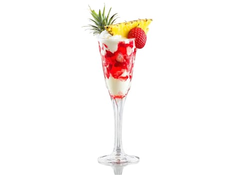 Lava Flow A tall glass with layered red and white liquid pineapple wedge and cherry. Drink isolated on transparent background.