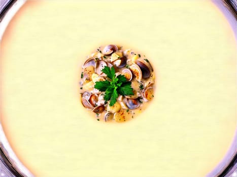 Clam chowder creamy soup with potatoes and clams served in a transparent glass bowl New. Food isolated on transparent background.