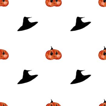 Halloween cute pattern. Hand drawn seamless illustration on isolated white background. Clip art of kawaii pumpkin. Perfect for textile printing and Halloween wrapping paper. High quality illustration