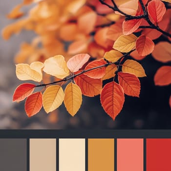 A branch adorned with colorful autumn leaves displays shades of orange, yellow, and red, capturing the essence of fall in a serene natural environment.