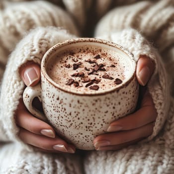Hands gently cradle a speckled mug filled with delicious cocoa topped with chocolate shavings, radiating warmth on a cool afternoon.