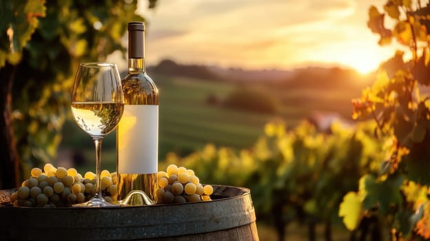 Golden sunlight illuminates a vineyard where two wine bottles sit on a wooden barrel surrounded by ripe grapes, capturing the essence of harvest season.