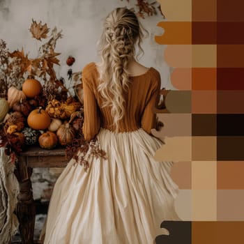 A woman with long, braided hair stands with her back to the camera, surrounded by a variety of pumpkins and fall leaves, capturing the essence of autumn in a charming rustic atmosphere.