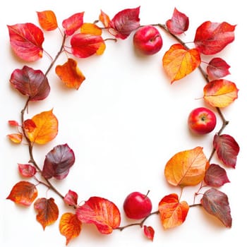 A circular arrangement features various orange and yellow autumn leaves intertwined with bright red berries, creating a festive fall decoration perfect for seasonal displays.